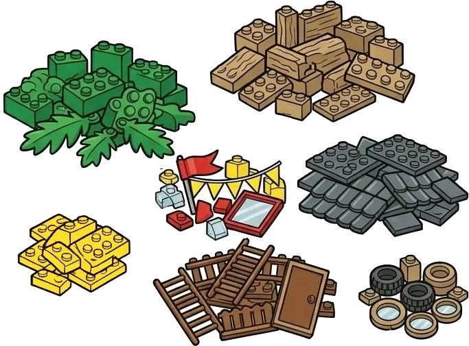 LEGO treehouse pieces sorted into neat piles