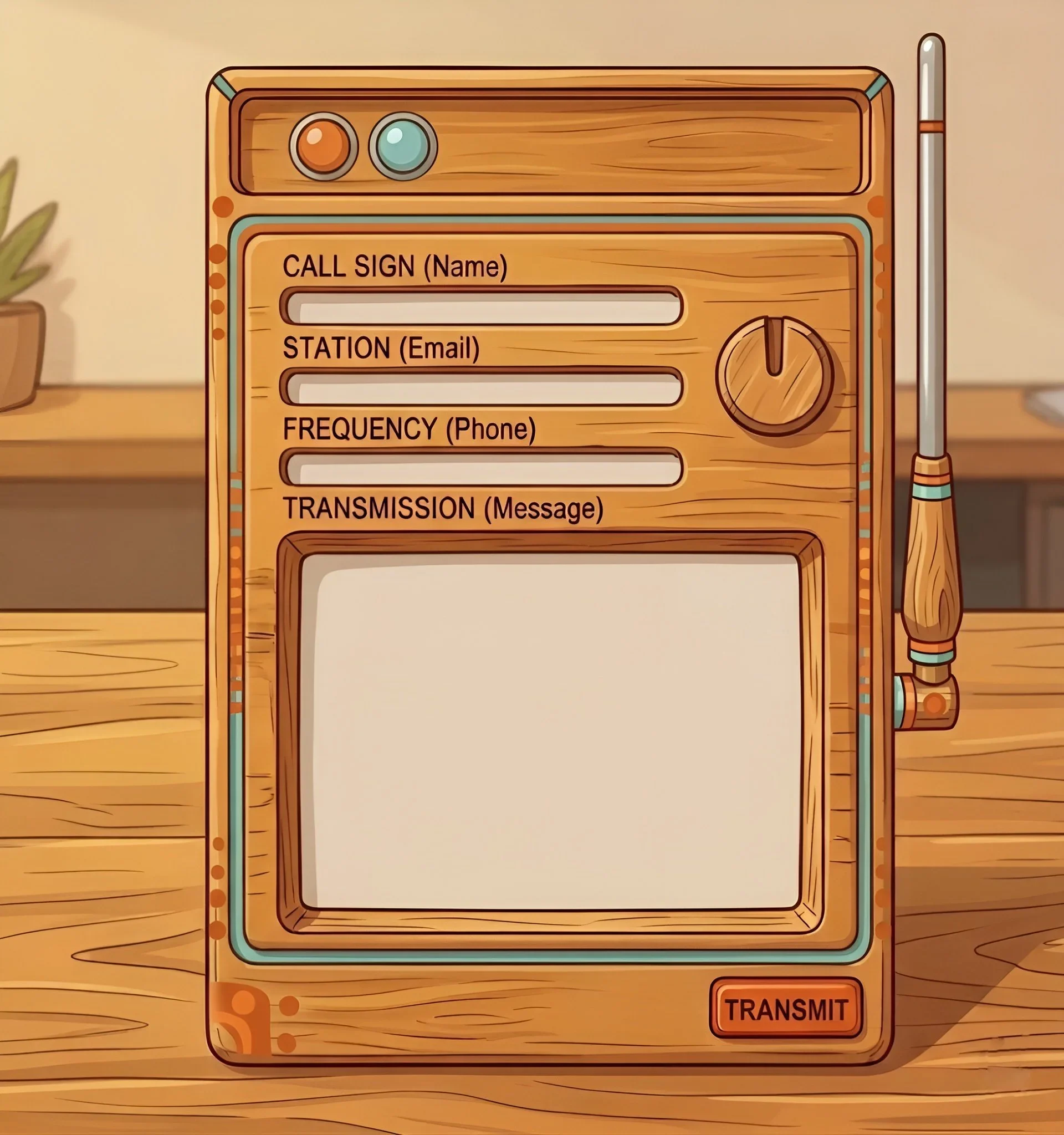 Wooden walkie-talkie style contact form — fill in the fields and hit Transmit