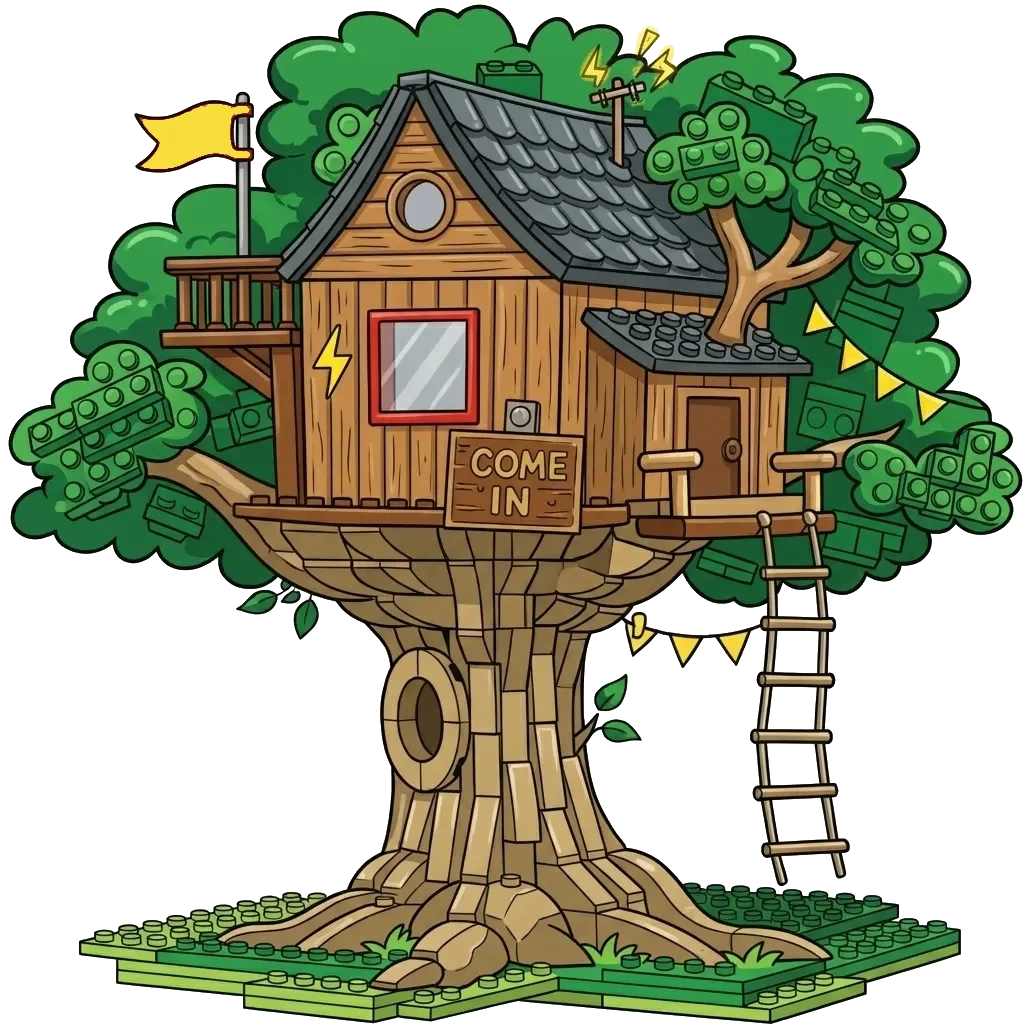 A completed LEGO treehouse — the finished build
