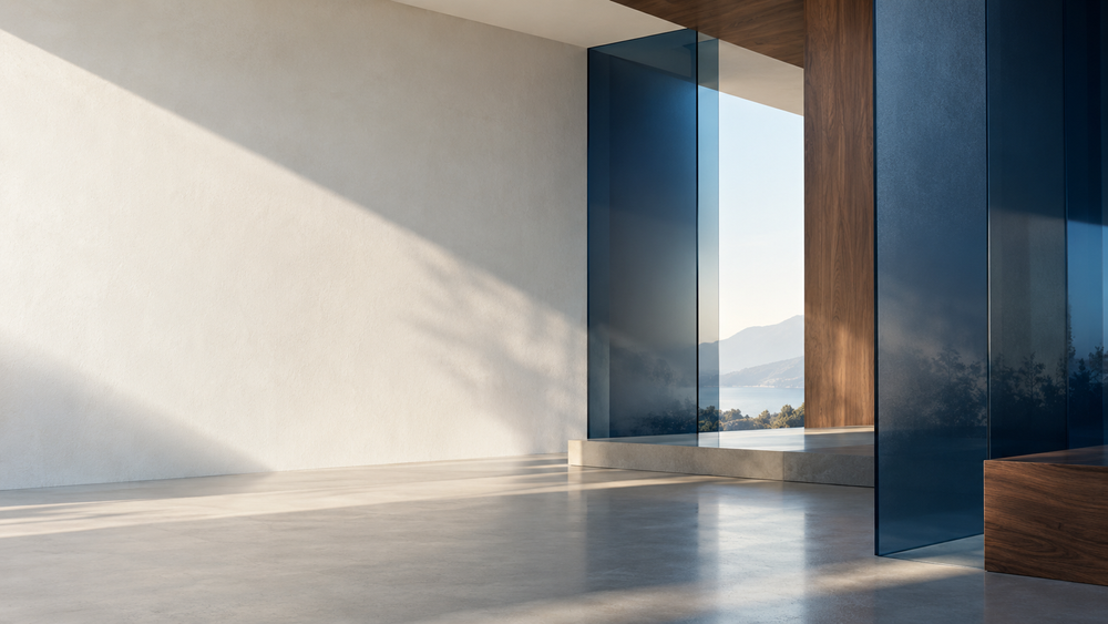 Sunlit architectural forms in navy glass and warm wood