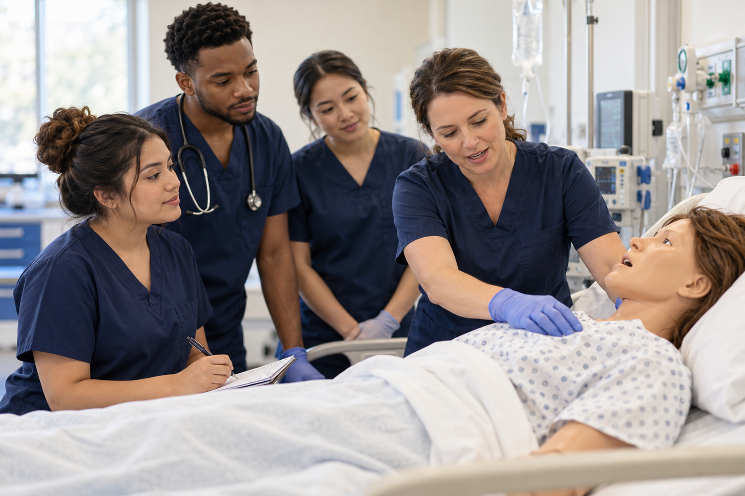 Illustrative nursing students and an instructor practicing with a simulation mannequin