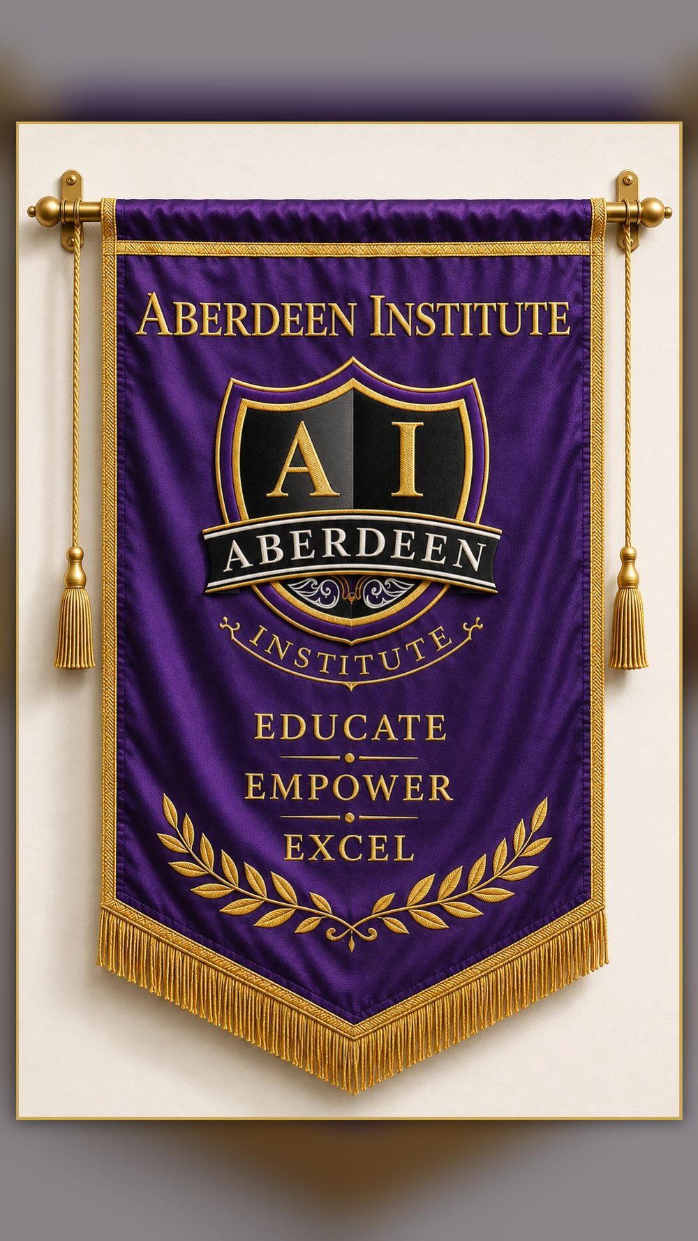 Aberdeen Institute purple and gold ceremonial banner: Educate, Empower, Excel