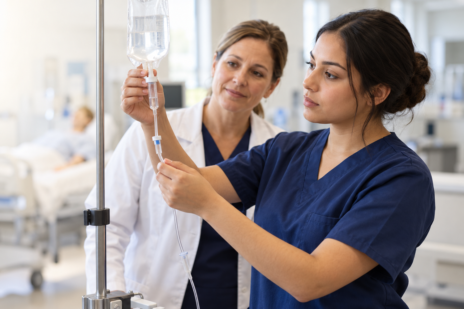 Illustrative nursing student and instructor in a simulation lab