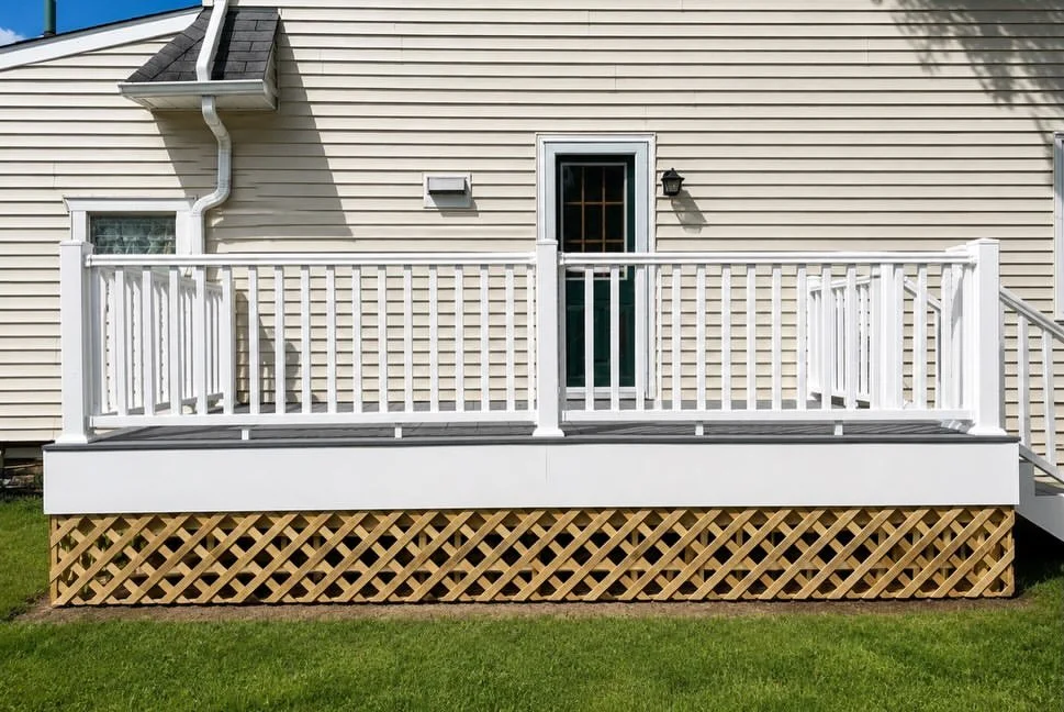 Completed gray composite deck with white railing and wood lattice