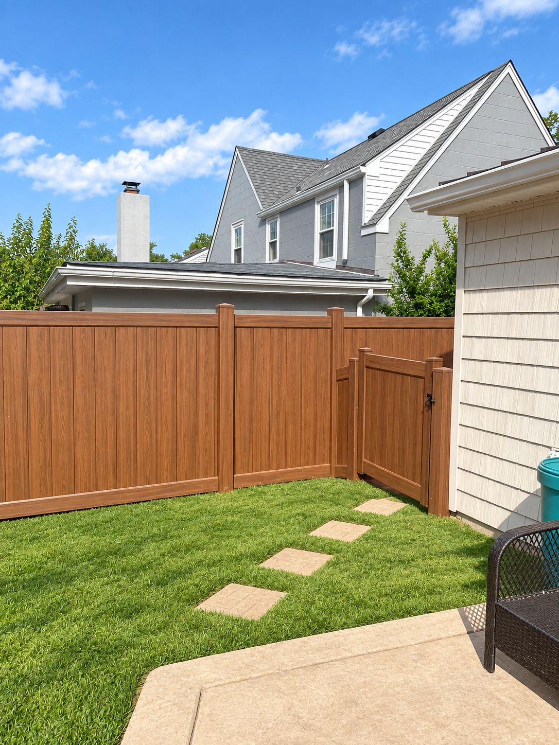 Brown privacy fence with a fitted backyard access gate