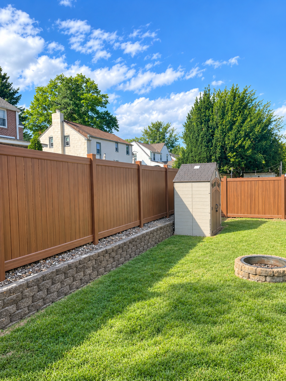 Brown privacy fence installed above a landscaped retaining wall