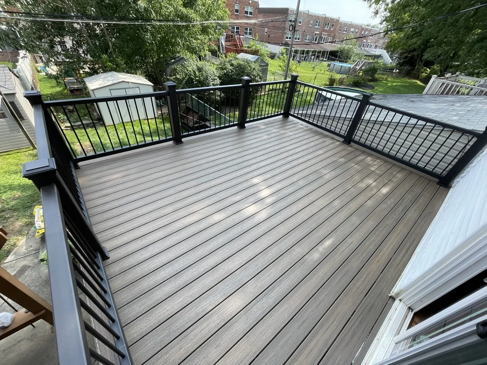 Black Trex deck surface and railing detail