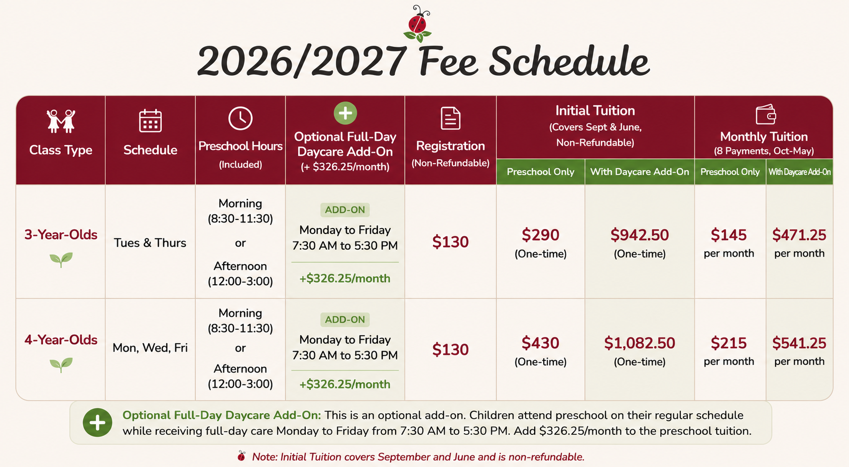 2026/2027 preschool and full-day daycare fee schedule