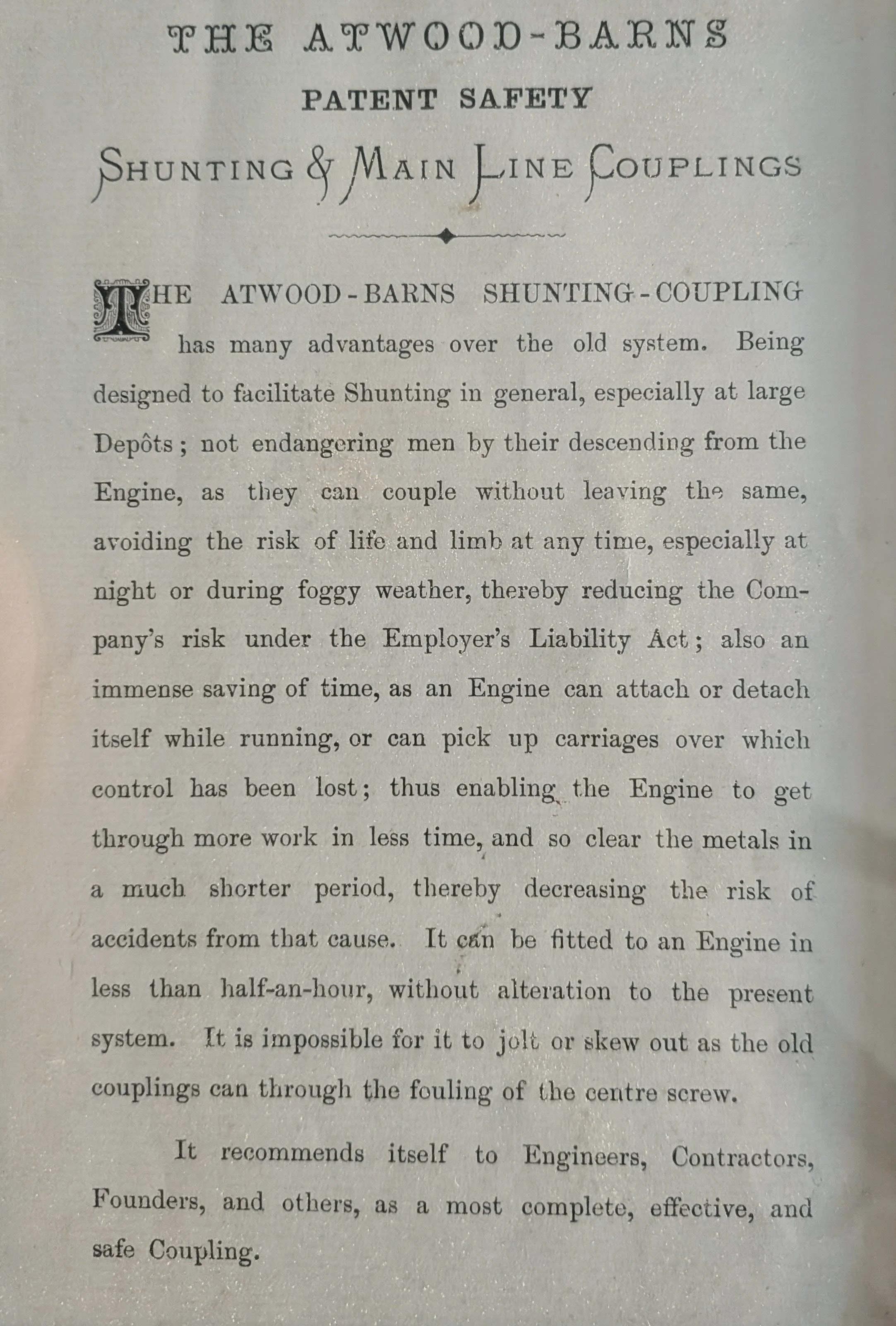 1883 Atwood-Barns Patent Shunting Blueprint