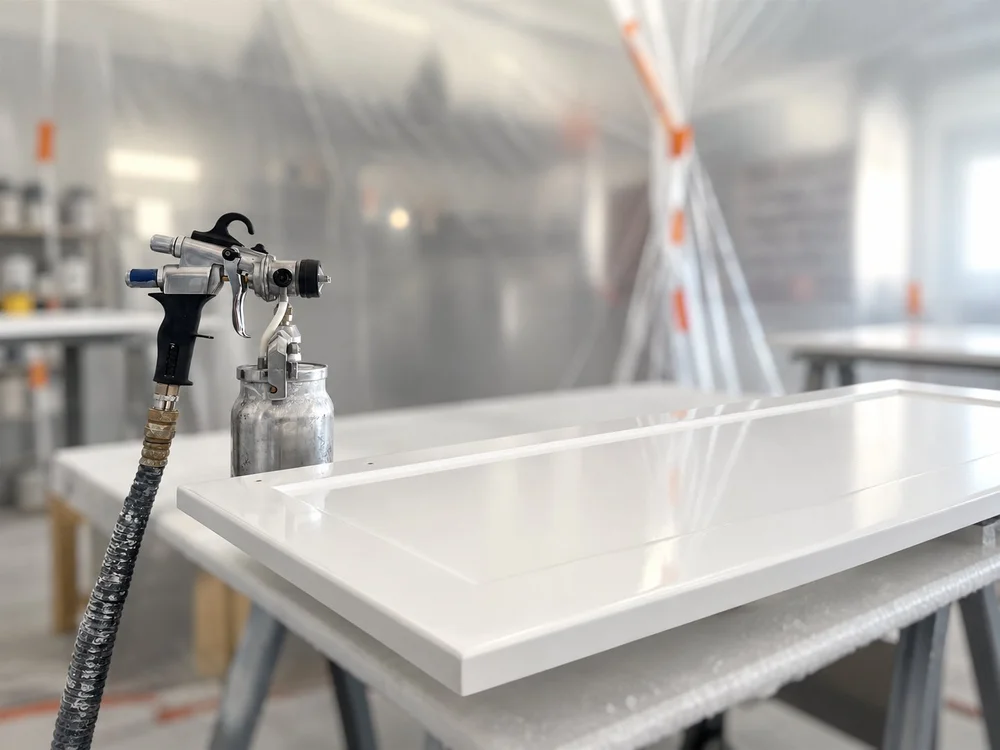 Spray equipment applying a cabinet coating