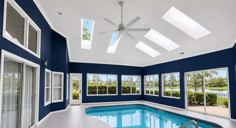 Indoor pool room with a white ceiling and skylights