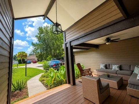 Covered porch overlooking the yard
