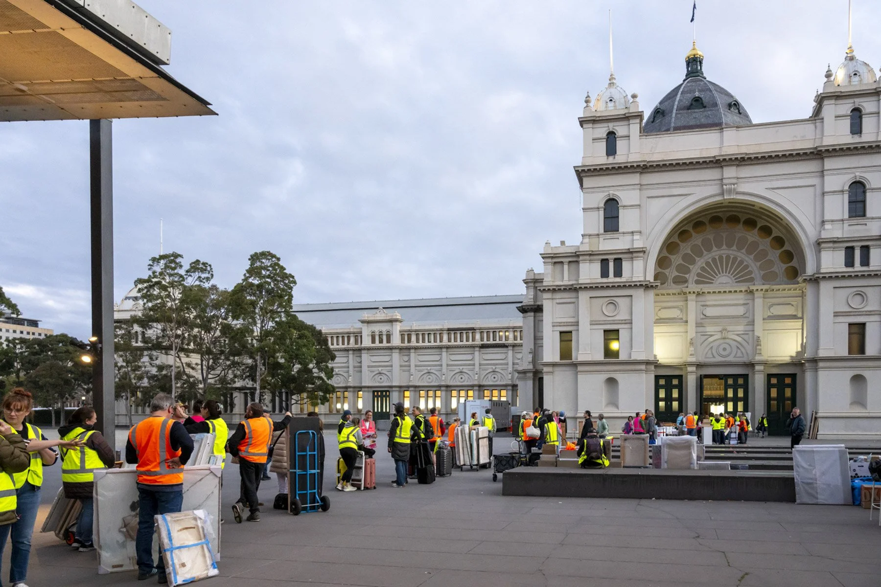Crews loading in at the Royal Exhibition Building, Melbourne, at dusk before the Affordable Art Fair