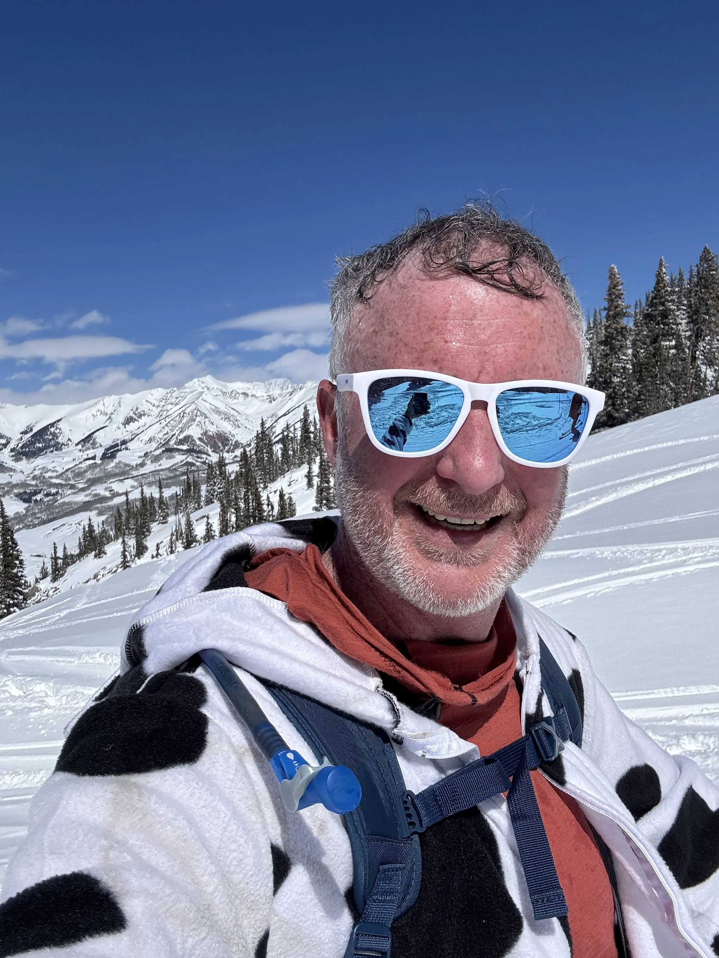 Bob in a cow costume at the Al Johnson Memorial Telemark Race