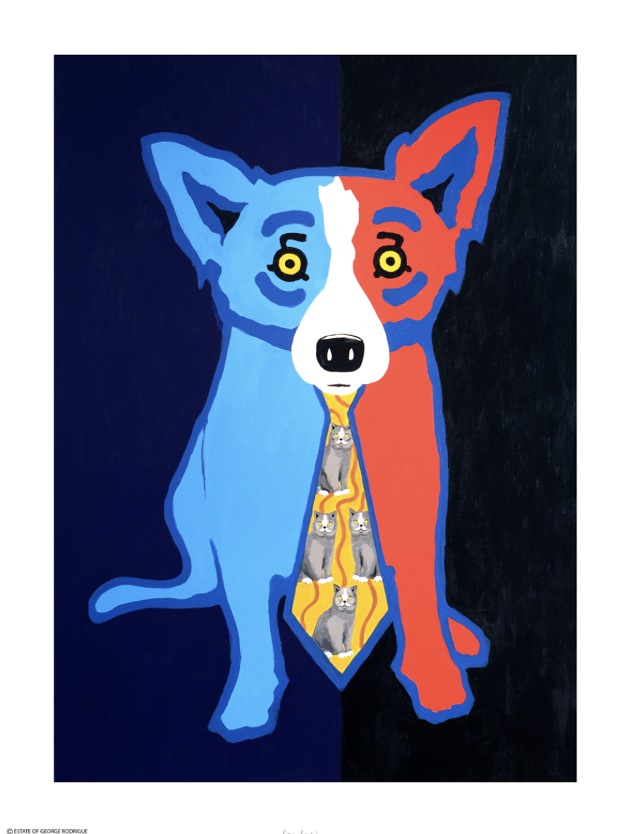 Blue Dog print: half blue, half red dog wearing a cat-pattern necktie