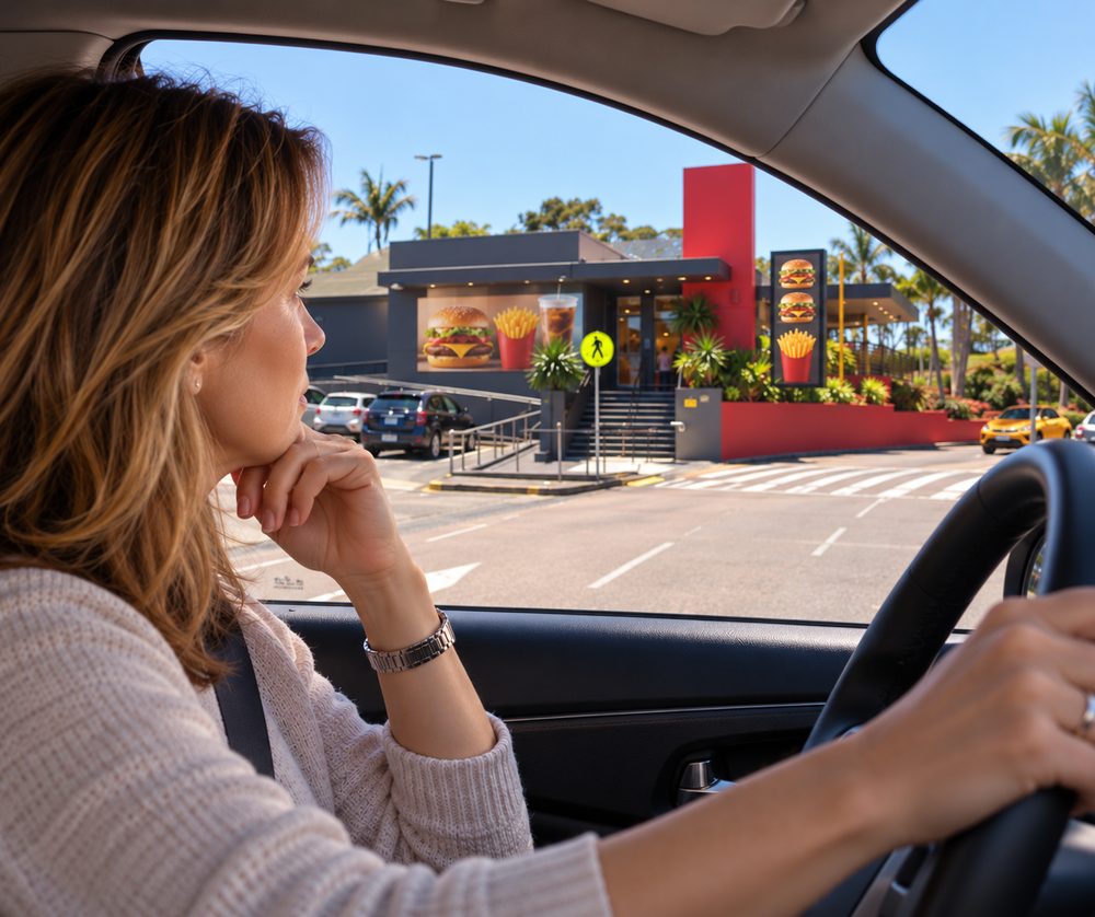 A woman in her car, chin in hand, looking at a fast food restaurant