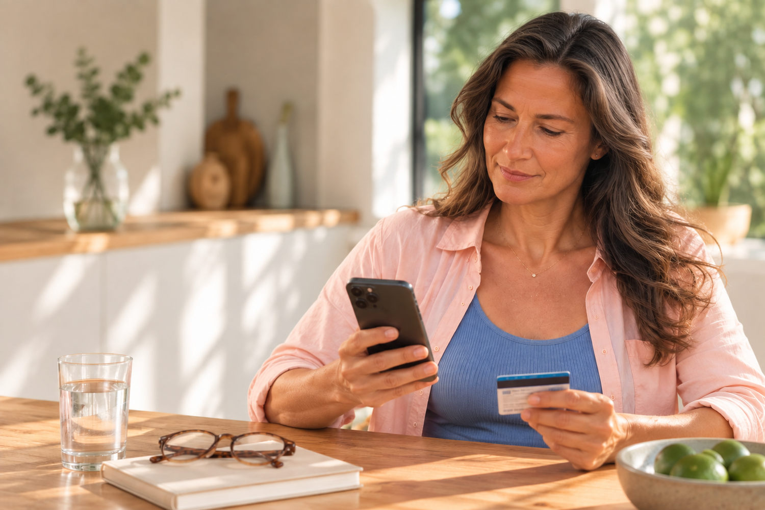 A woman at her kitchen table checking her health insurance card and phone