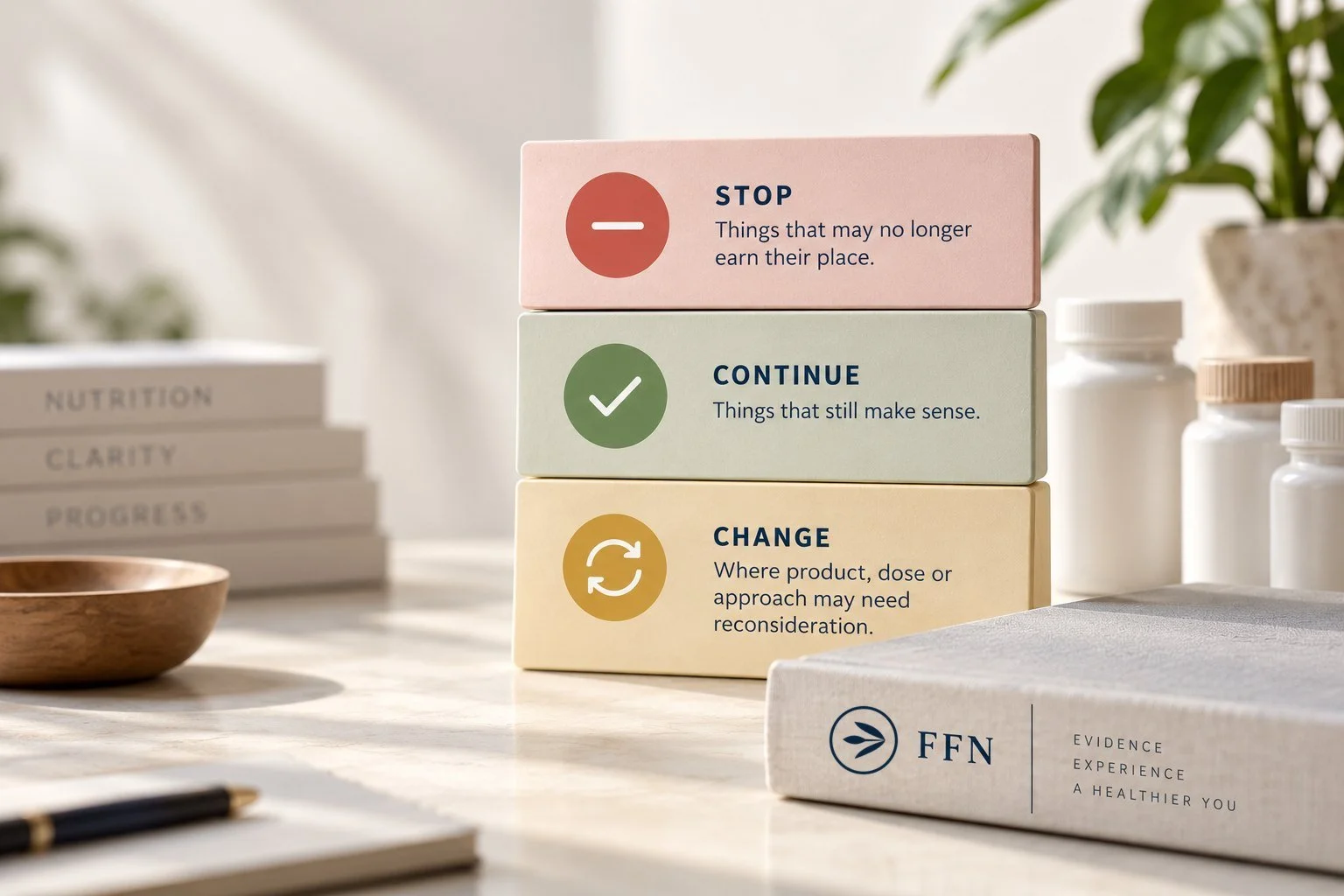 Three stacked outcome blocks: Stop, things that may no longer earn their place; Continue, things that still make sense; Change, where product, dose or approach may need reconsideration.