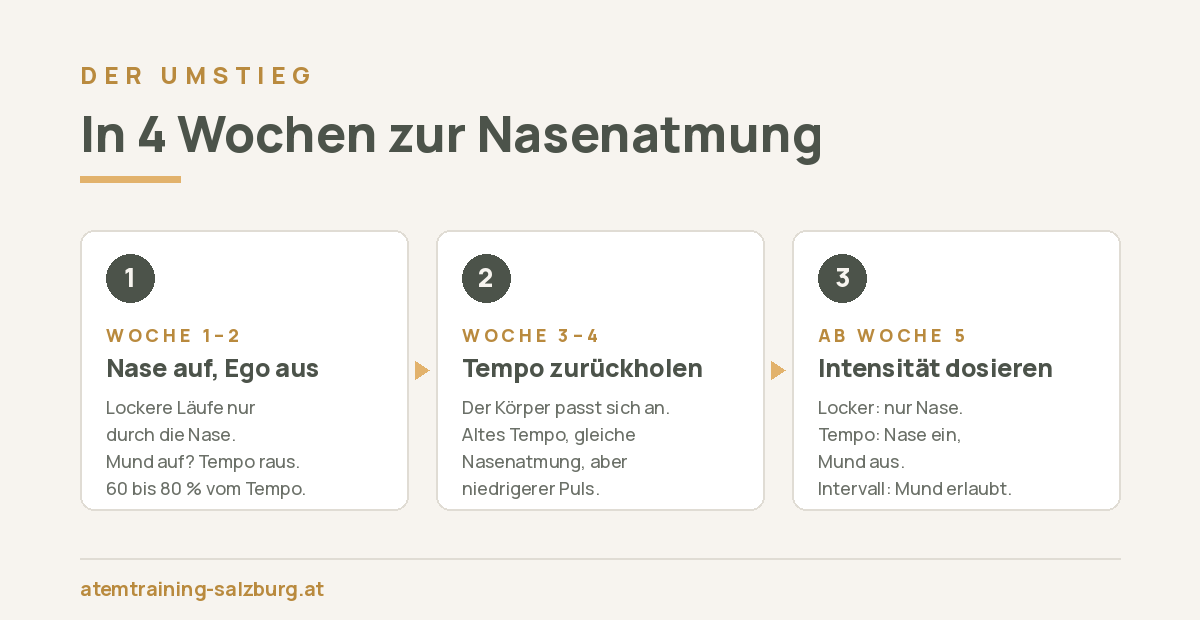 Vier-Wochen-Plan für die Umstellung auf Nasenatmung beim Laufen: Woche 1 bis 2 Tempo raus, Woche 3 bis 4 Tempo zurückholen, ab Woche 5 Intensität dosieren