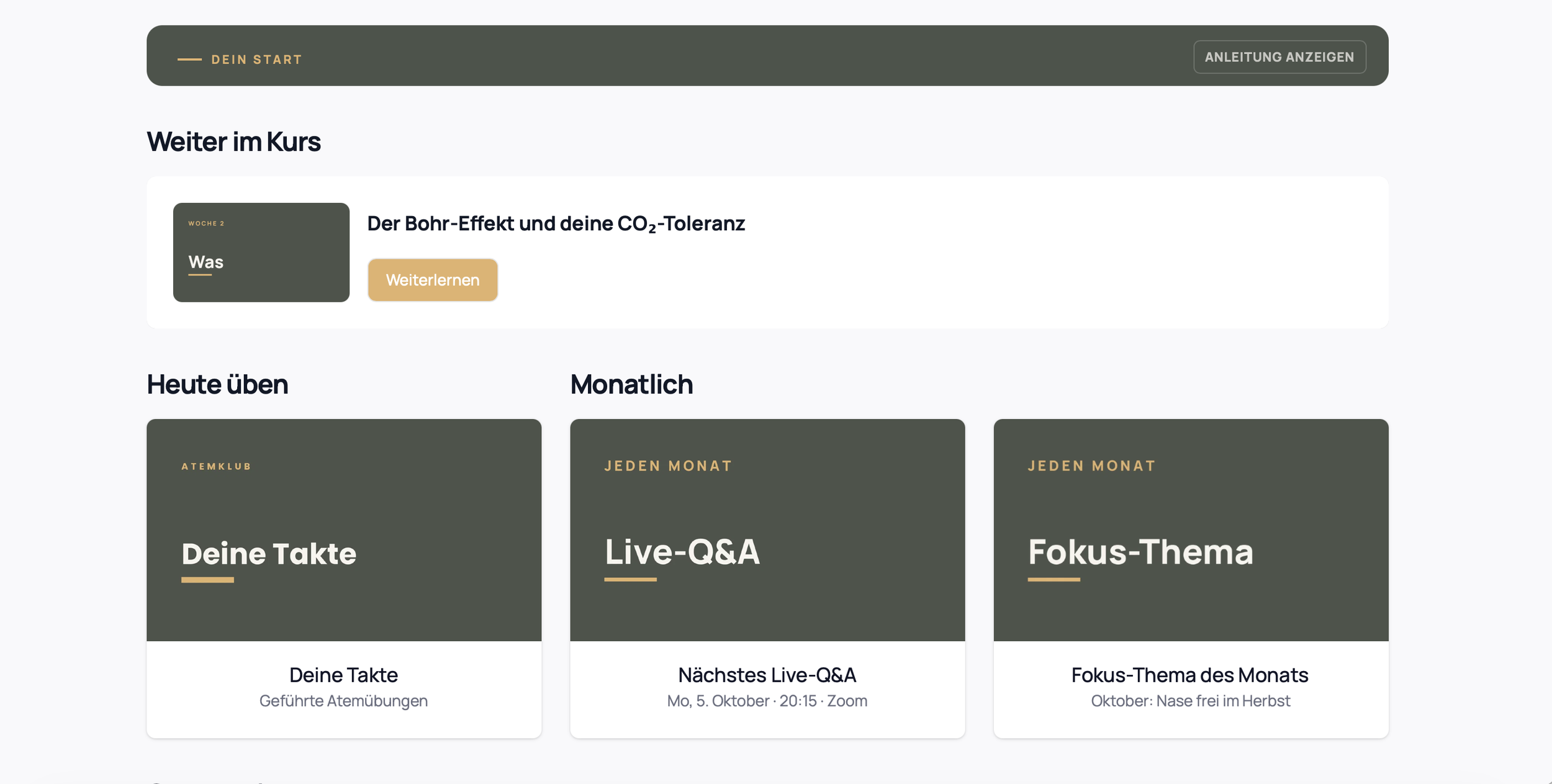 Die Startseite im Atemklub nach dem Login, mit den Karten für Kurs, BOLT und Community