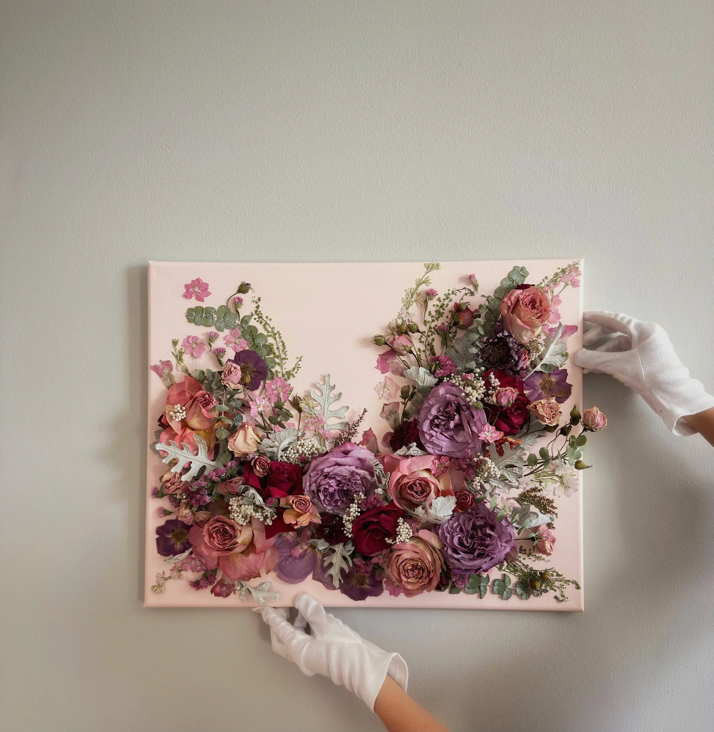 Pressed flower botanical art commission St. Louis - wedding bouquet preservation 16x20