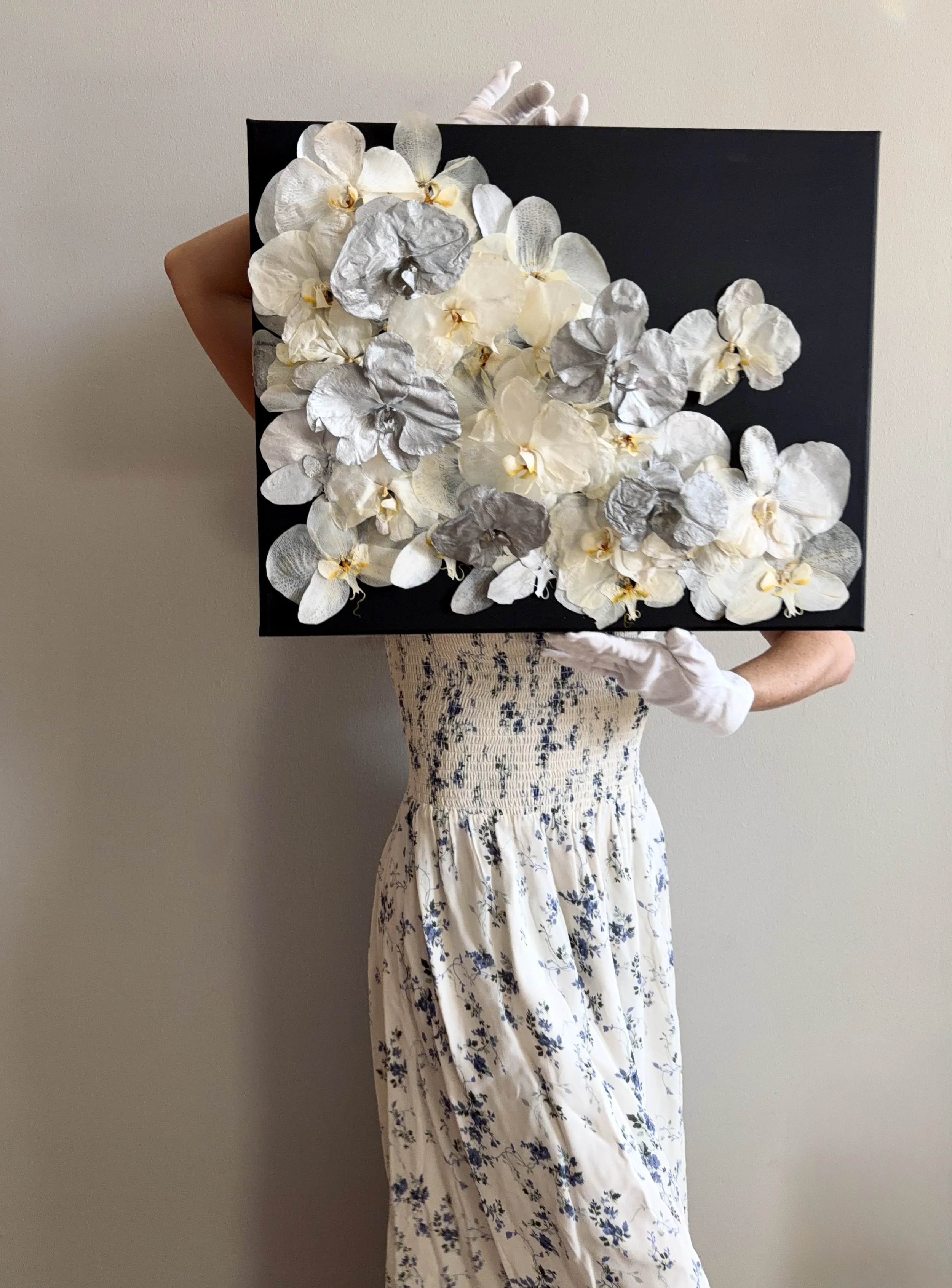 Preserved orchid wedding bouquet botanical art on slate blue canvas - St. Louis floral preservation