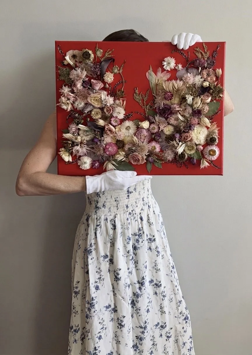 Red rose wedding bouquet preserved as botanical wall art - St. Louis floral artist