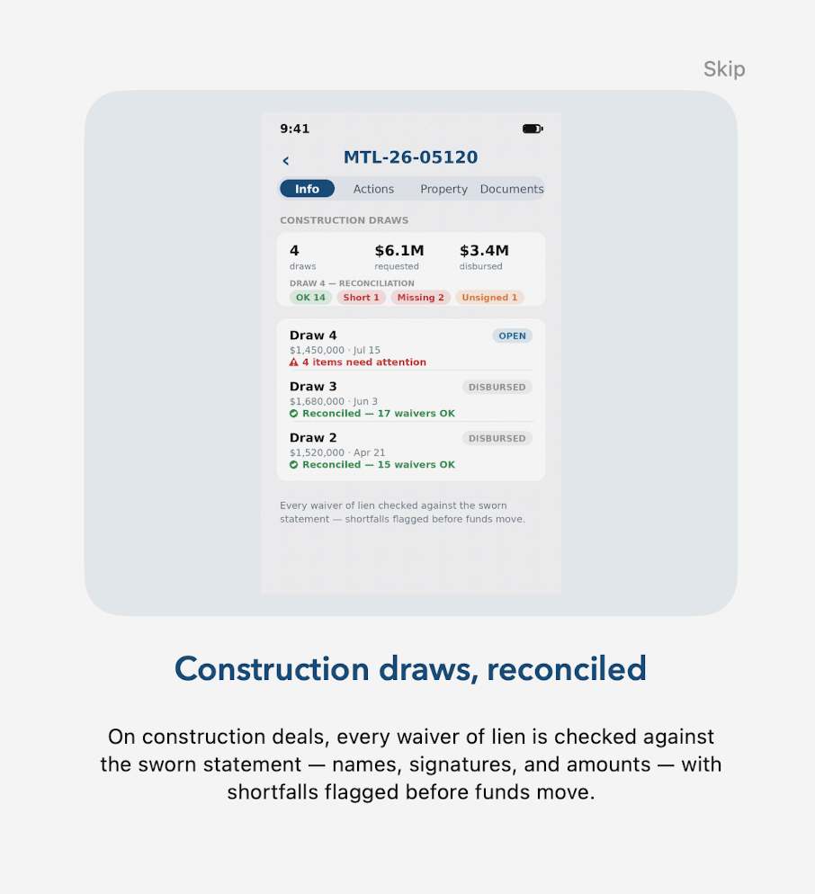 Construction draw reconciliation in the Midwest Title Commercial app