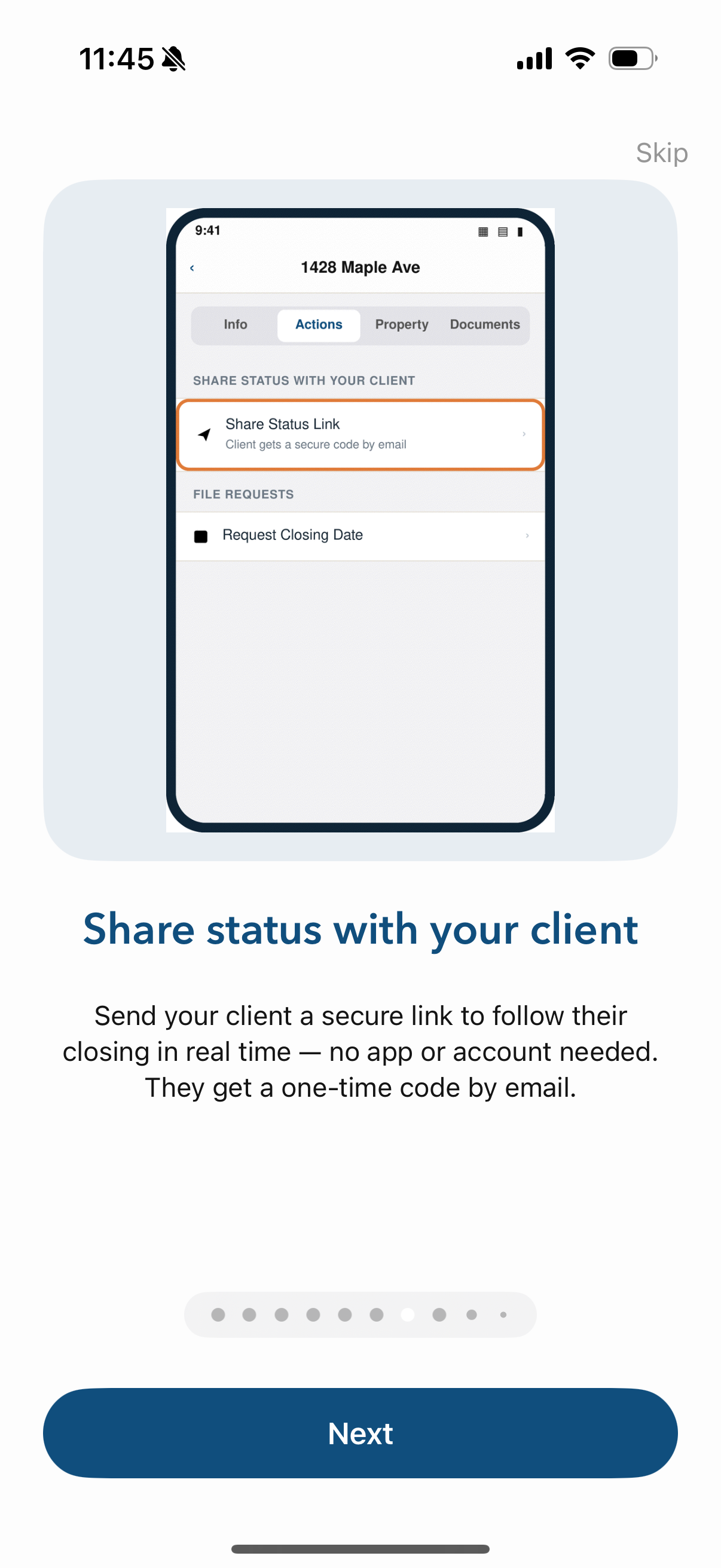 Share residential closing status with a client