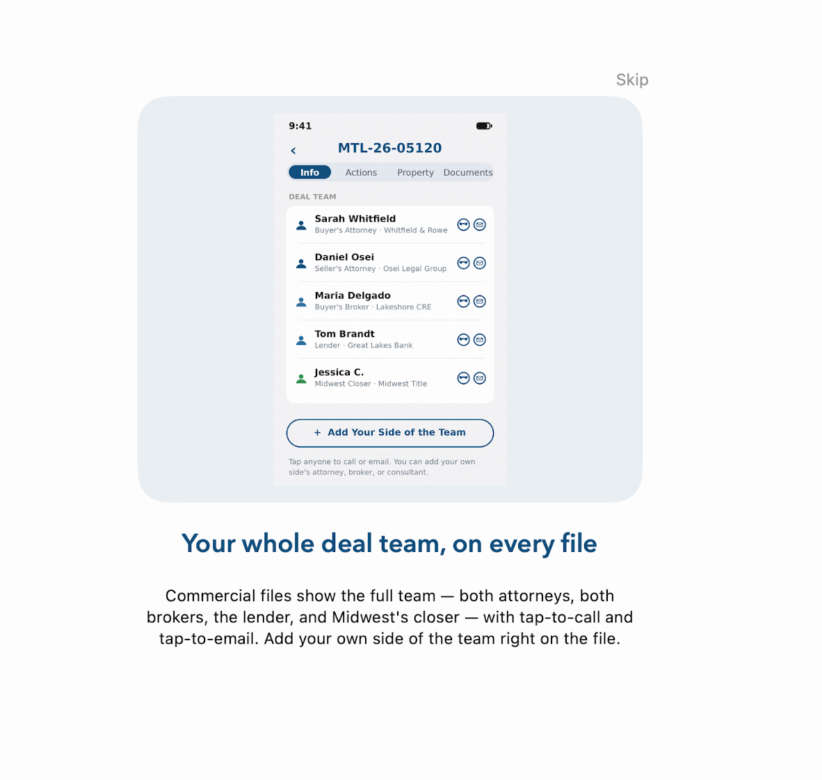 Midwest Title Commercial app showing the full deal team