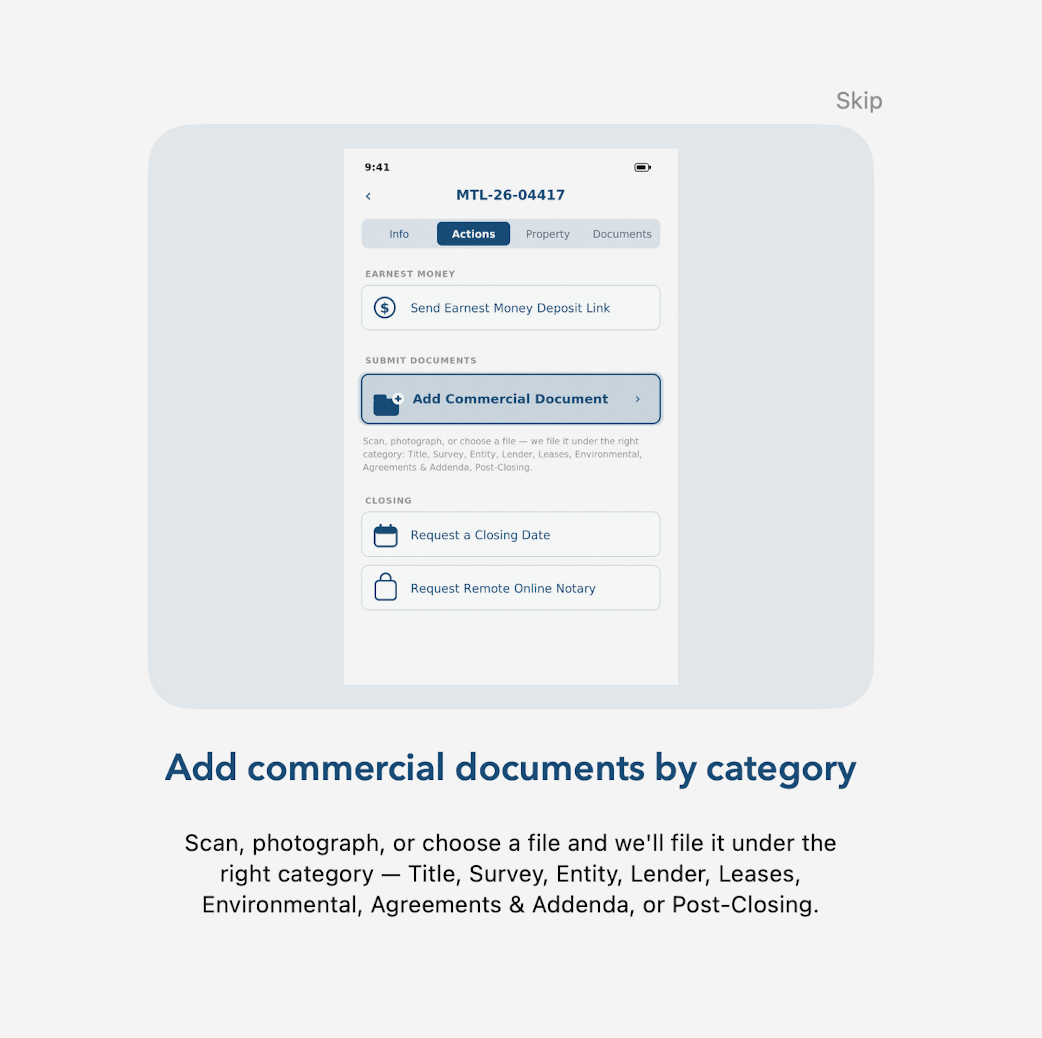Upload commercial documents by category in the Midwest Title app