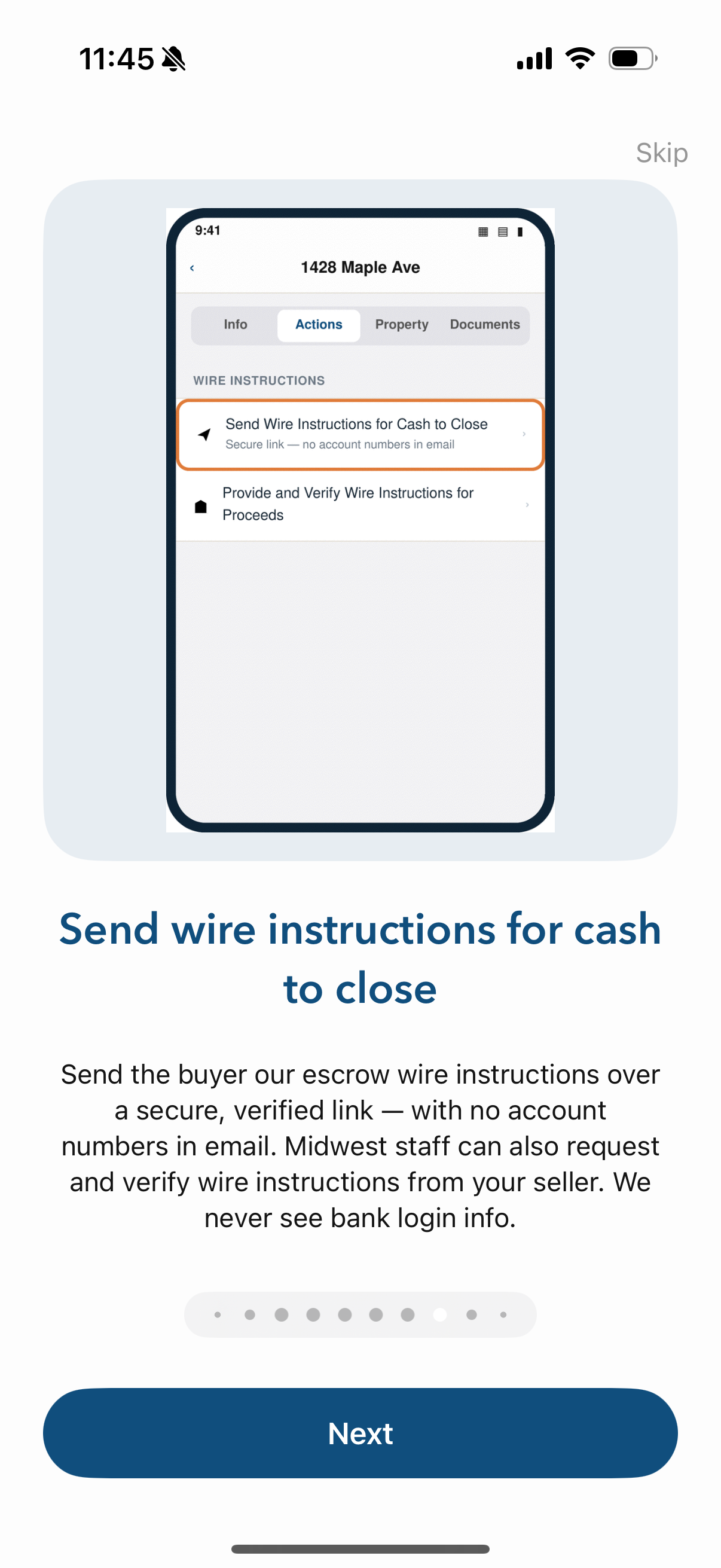 Send secure wire instructions for cash to close