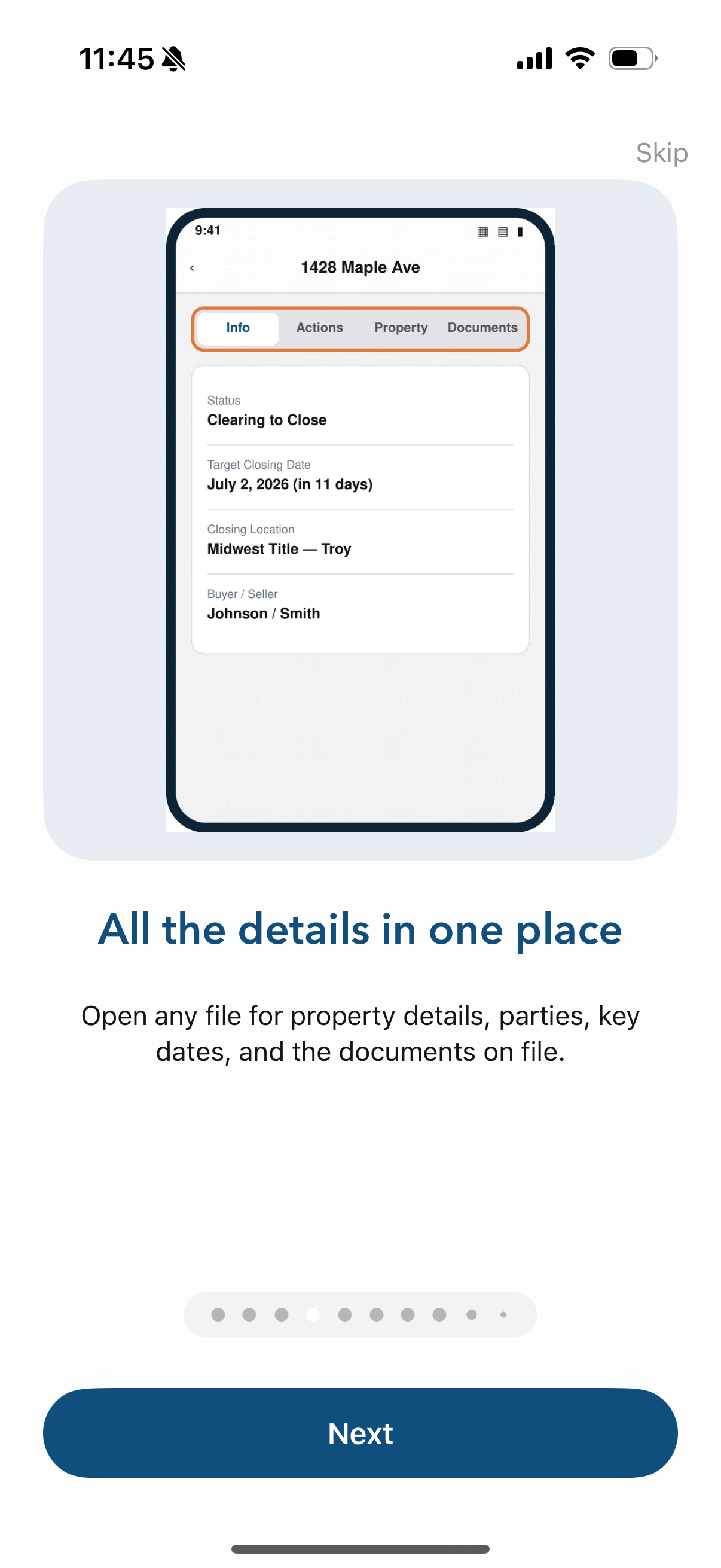 Residential closing details in the Midwest Title app
