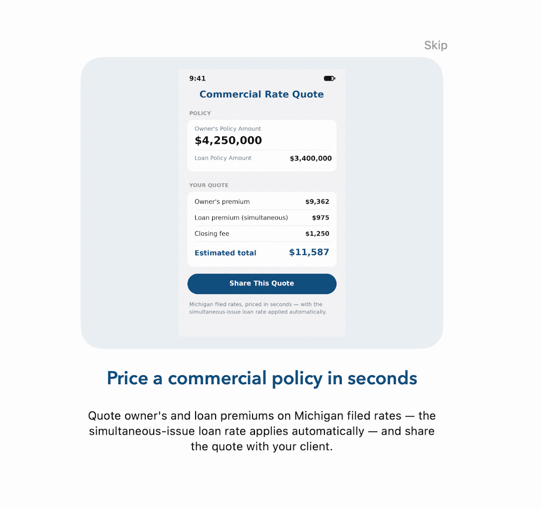 Commercial title insurance rate quote in the Midwest Title app