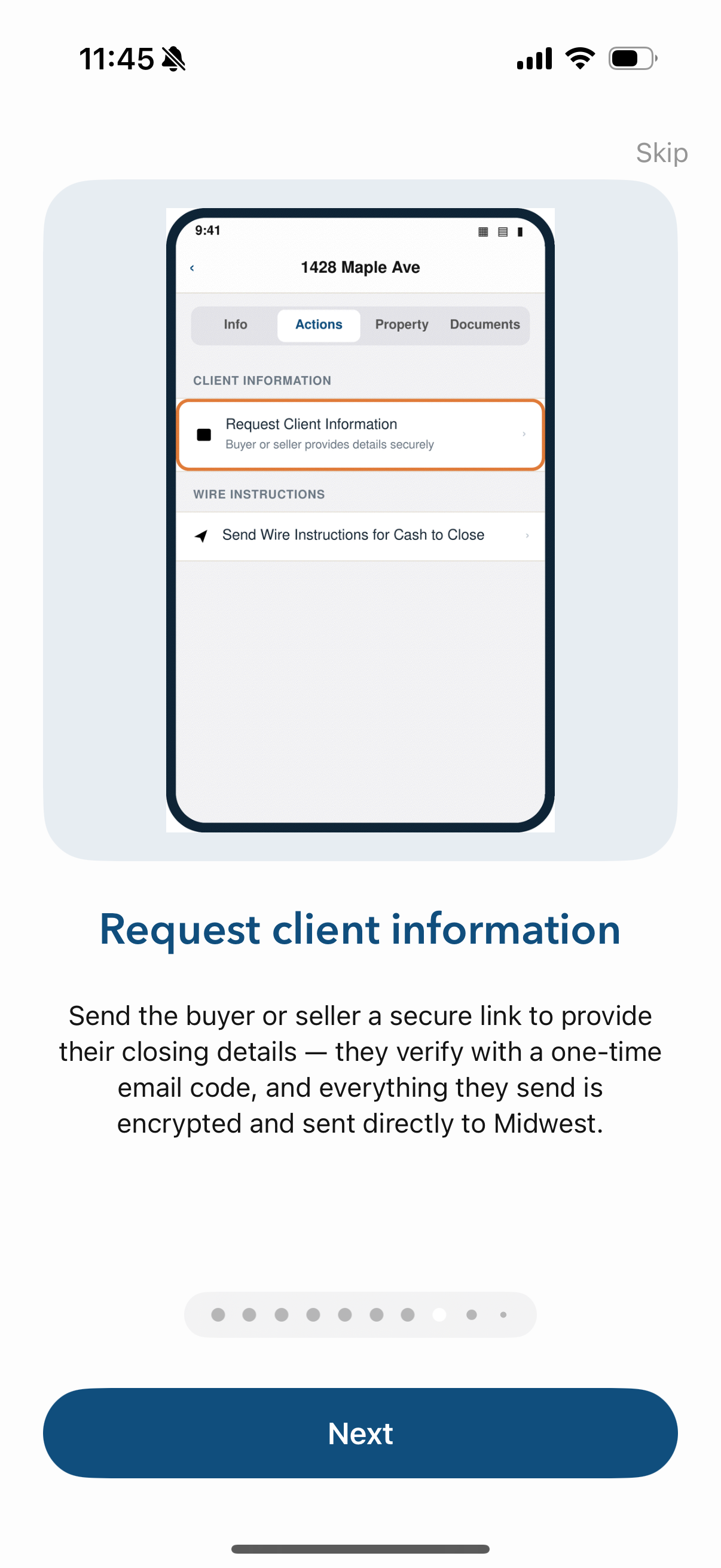 Request client closing information securely