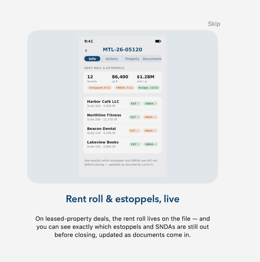 Live rent roll, estoppel and SNDA tracking