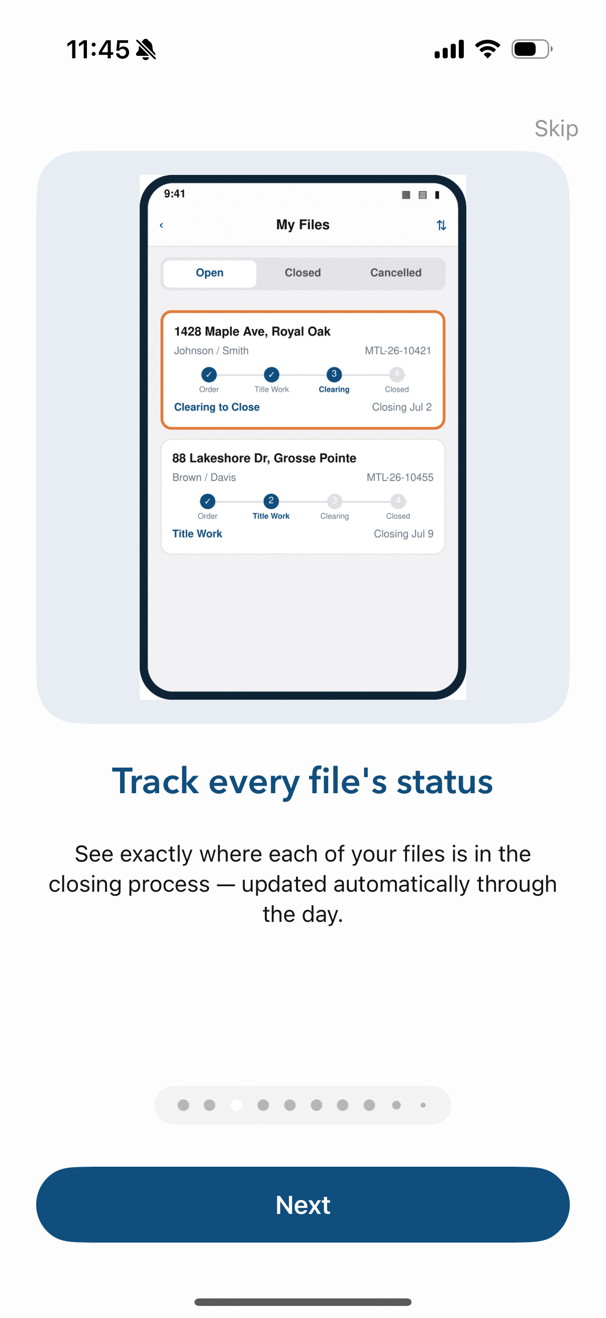 Track residential closing file status