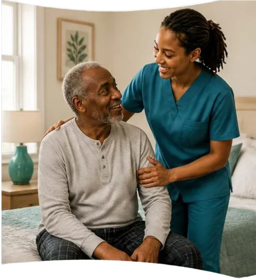 A caregiver and older adult sharing a warm moment at home