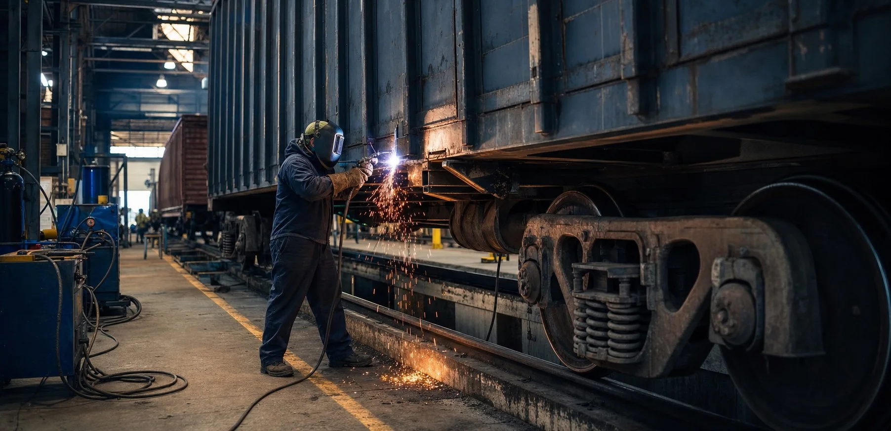 Railcar repair technician welding a freight car in a maintenance shop