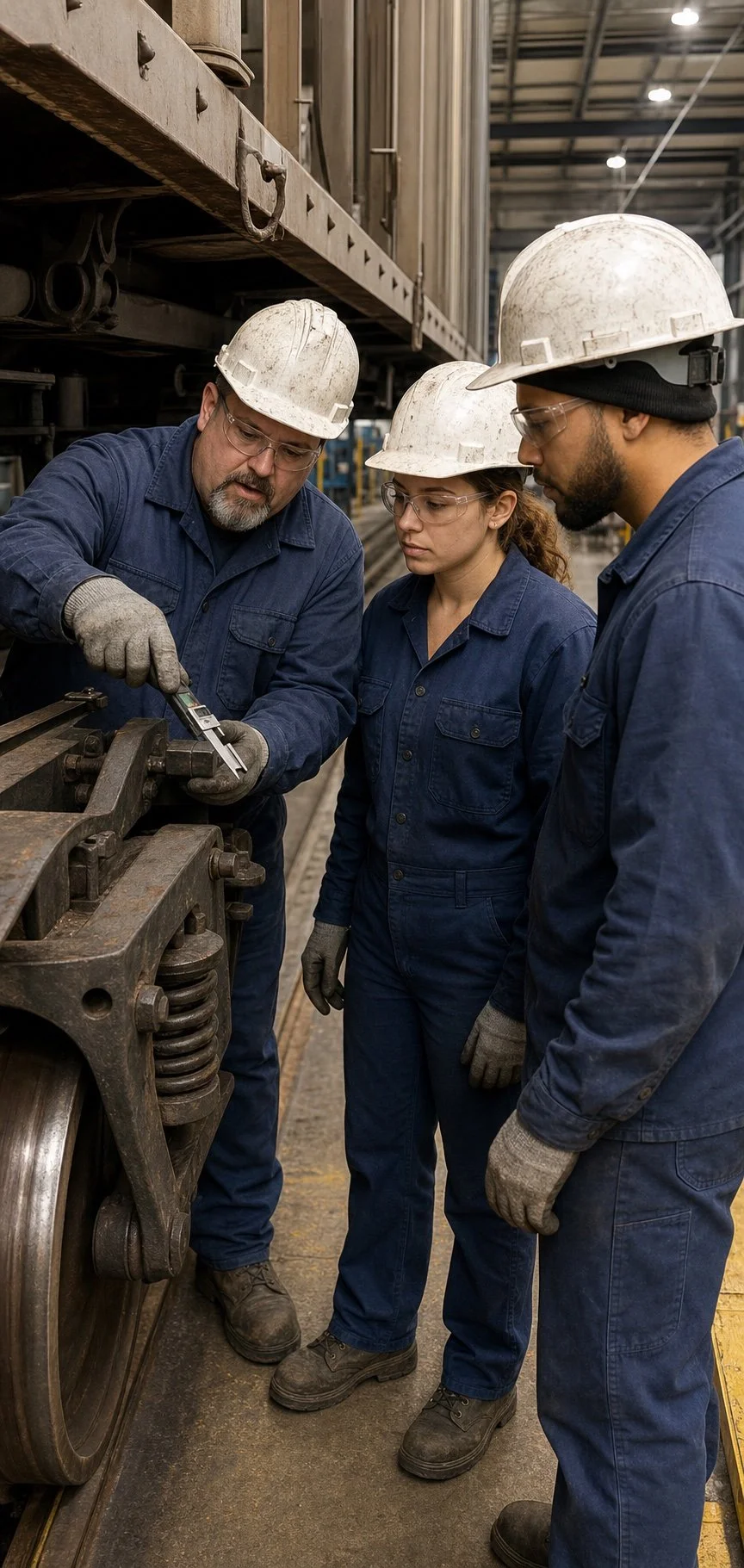 Experienced railcar technician providing hands-on training beside freight-car running gear