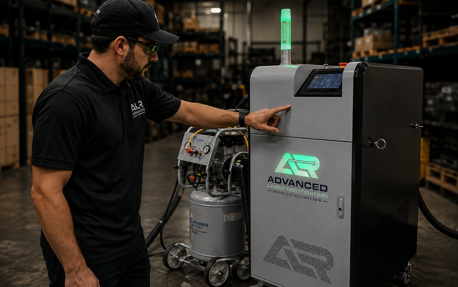ALR trainer explaining laser-cleaning equipment controls