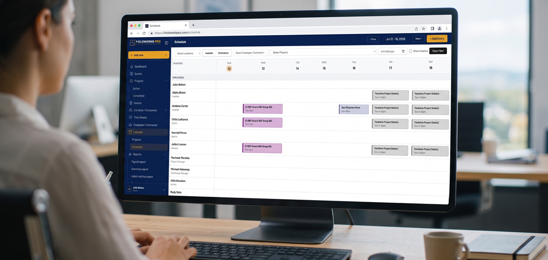 Fieldworks Pro furniture installer scheduling board showing crew assignments, project phases and schedule management