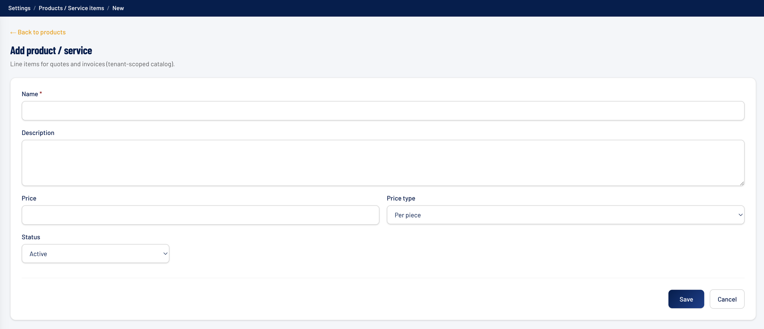 Settings &rsaquo; Company &rsaquo; Products / Services