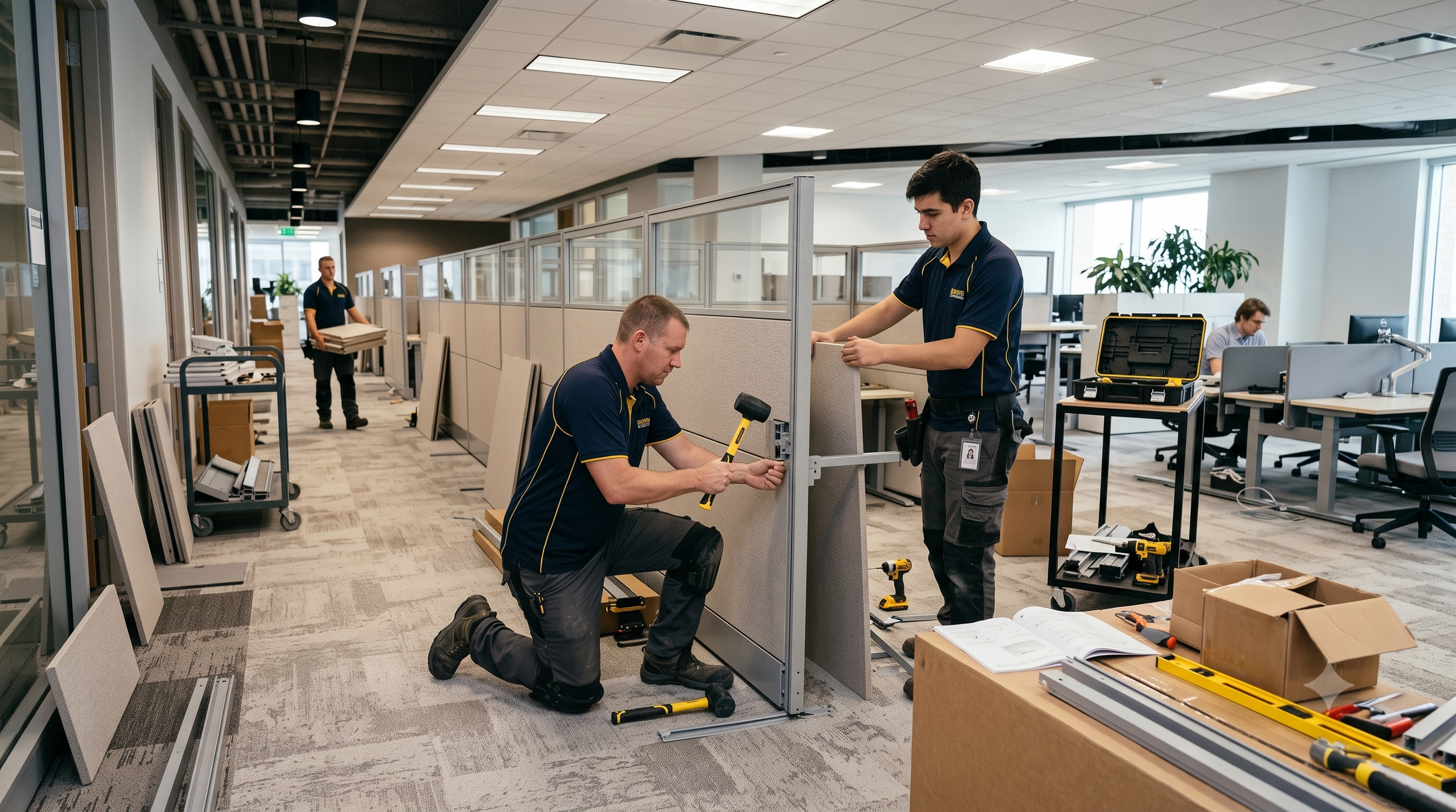 Furniture installation crew preparing for a scheduled project