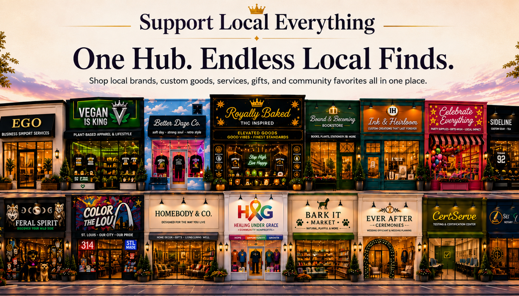 Illustrated Support Local Everything shopping mall featuring the local storefront collection