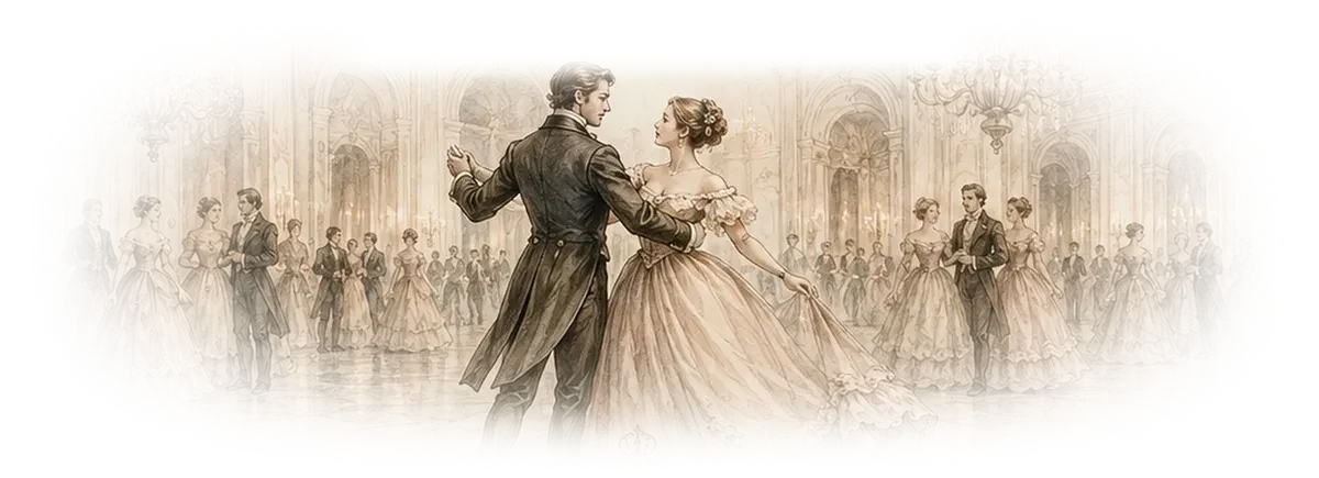 Pareja bailando en un gran salón aristocrático de inspiración europea, ilustración original creada para la invitación