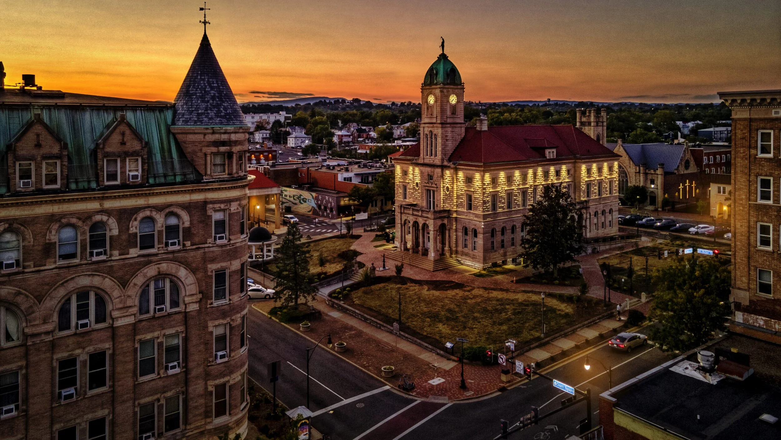 Historic Court Square at night in downtown Harrisonburg, Virginia