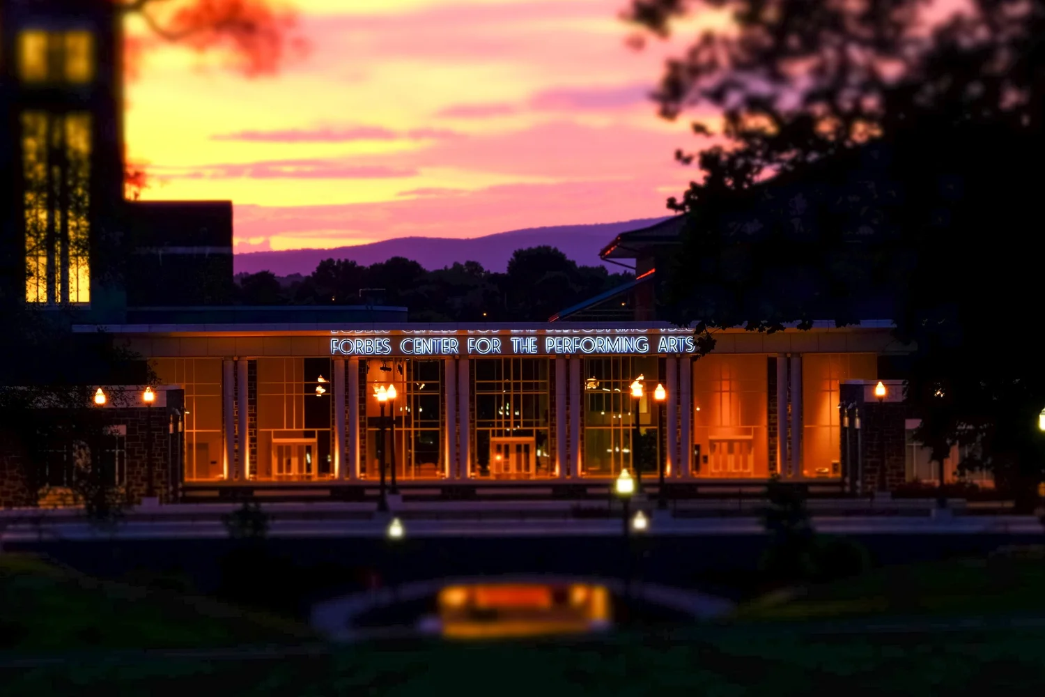 Forbes Center for the Performing Arts at dusk