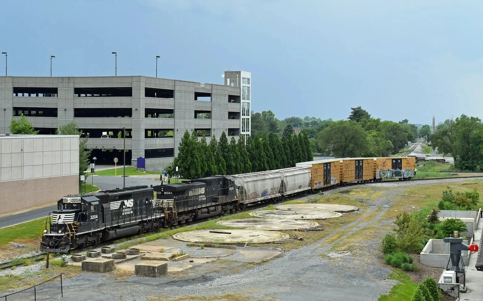 Freight train on the rail line through Harrisonburg, Virginia