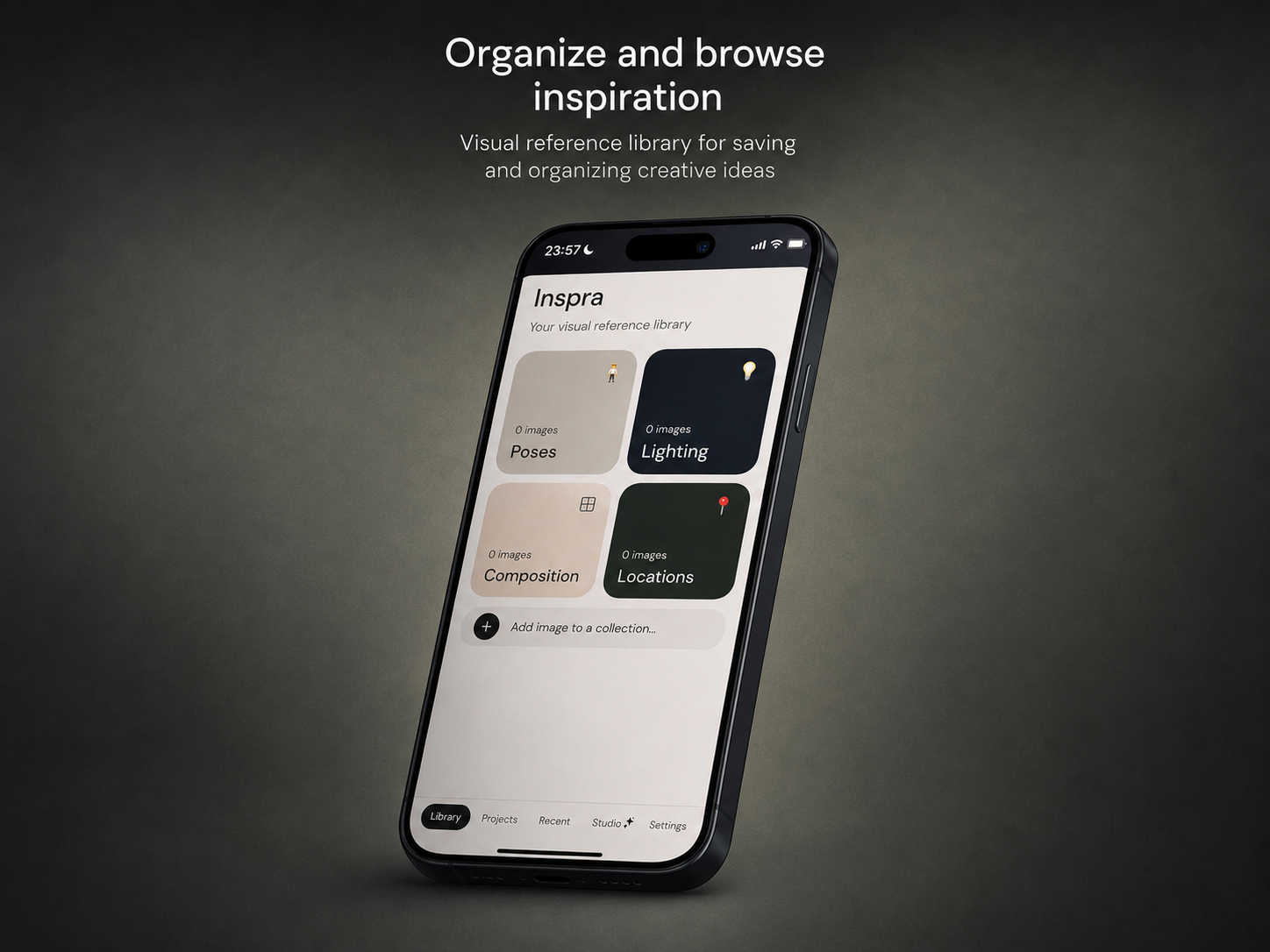 Inspra app showing the Library screen with Poses, Lighting, Composition and Locations categories